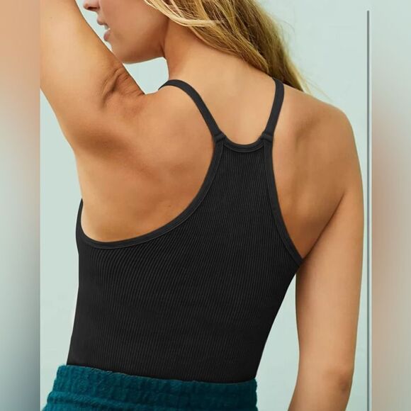 NWT LASLULU Ribbed Seamless Crop Tank Raceback Spaghetti Strap Padded Bra Top L - Picture 2 of 6